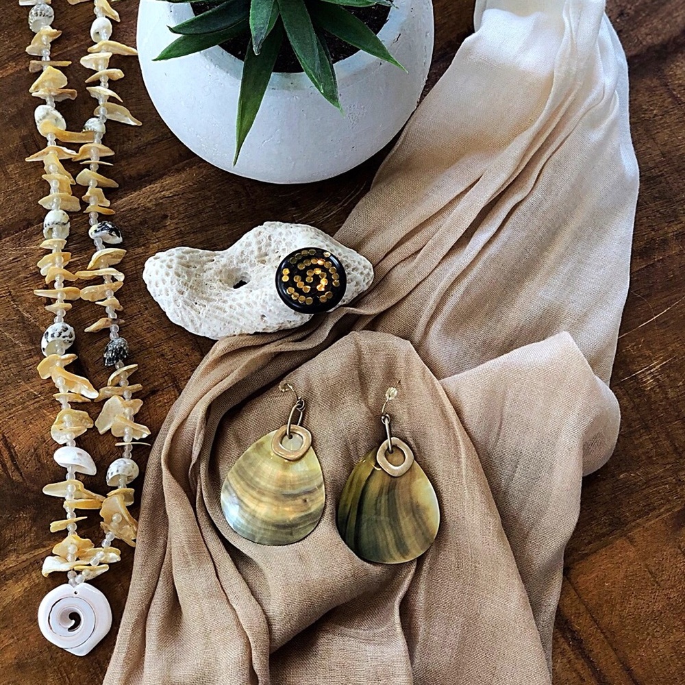 Shell Necklace, Earrings, Ring, and Scarf!